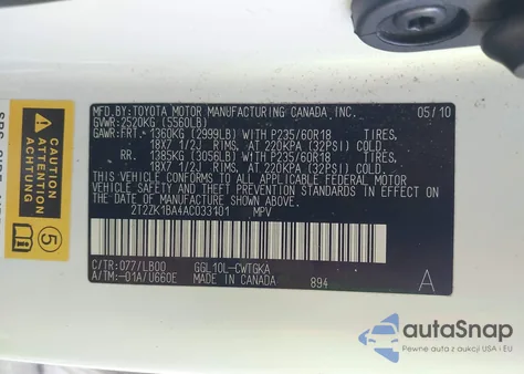 2010 Lexus Rx 350 from USA, damaged, VIN 2T2ZK1BA4AC033101